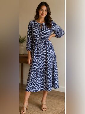 Women's Navy Floral Maxi Dress with Keyhole Neck